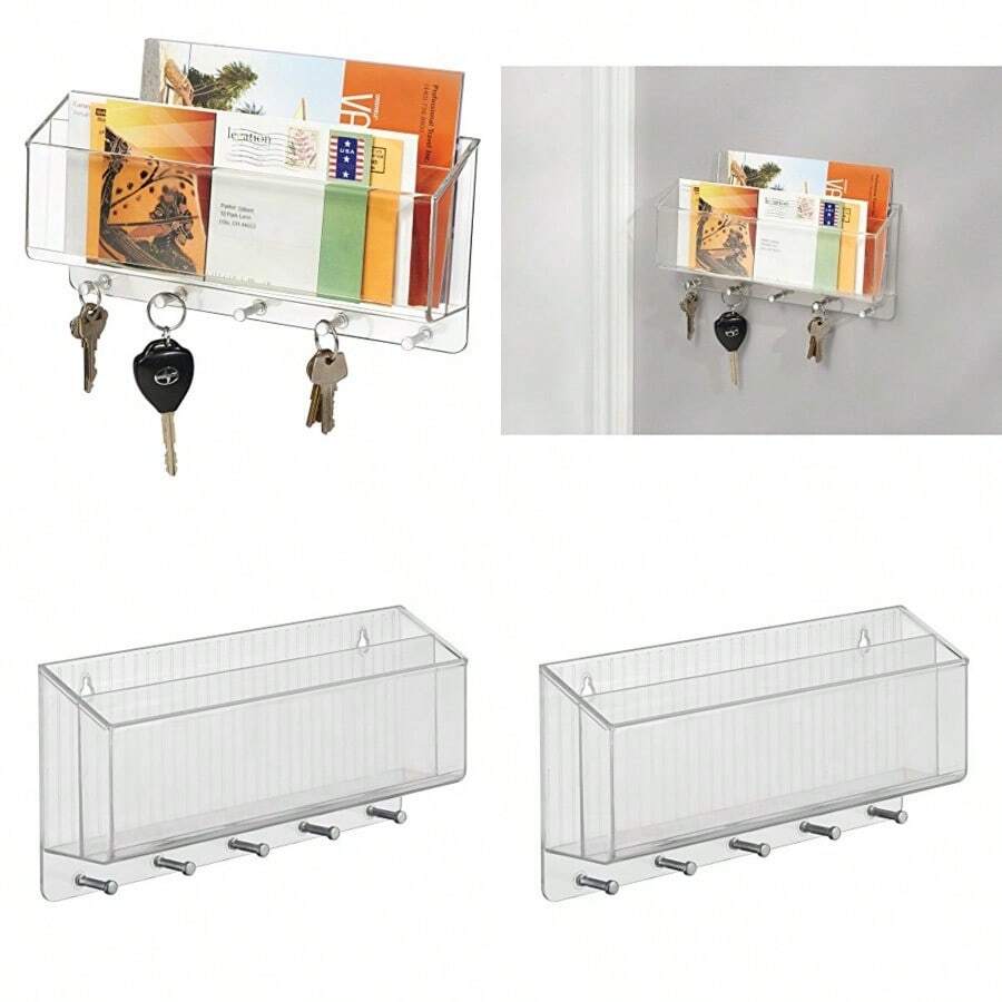 InterDesign 38130 Linus Divided Mail Holder and Key Rack Organizer Wall Mounted Letter Shelf and Key Hooks for Entryway or Kitchen Clear - Transparente - Ver 1