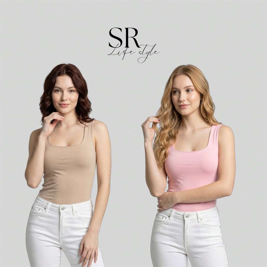 Set Of 2 Women's Premium Square Neck Tank Tops For Summer Fashion - 米色/嬰兒粉 - 查看 1