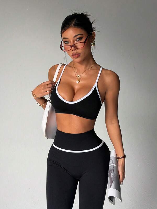 2pcs Black Yoga Set, Sports Bra And High Waist Leggings