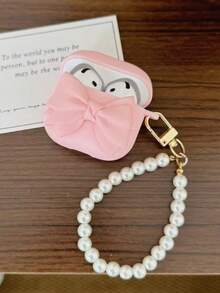 Bow-Knot 3D Pink Bow/Flower Soft Case Compatible With Apple Pods Pro 3/4th Gen/3rd Gen Compatible With Airpods Pro 2 Protective Case, For Wireless Headphones, Holiday Gift - Pink Frosted Big Bow + Pearl Tag Bracelet - View 5