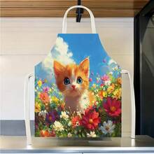 1pc Cute Orange Kitten In Colorful Floral Pattern Kitchen Apron, Suitable For Kitchen, Living Room, Dining Room, Hotel, Outdoor BBQ, Made Of 100% Polyester, Machine Washable & Hand Washable - Multicolor - View 5