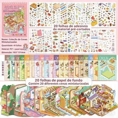 Caderno Adesivo 3D 20 Cenarios 40 paginas Criativo Scrapbook Diy Com Pinça Montar Comodos Diversos