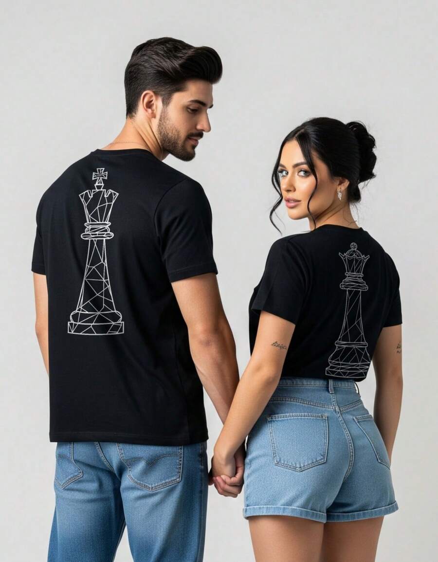Couple's Set Of 2 Matching King And Queen Checkered Shirts, 100% Cotton - Black / White Print Ela G - View 1