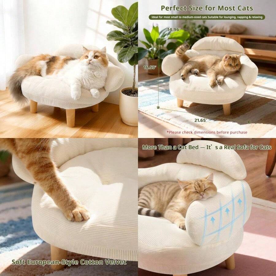 Sofá para gatos con funda de terciopelo de algodón extraíble patas de madera de pino maciza para gatos y perros pequeños color - Blanco - Ver 1