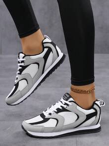 Women's Retro Round Toe Lace-Up Soft Bottom Comfortable Casual Sneakers, Breathable Everyday Running Shoes, Solid Color - Gray, White and Black - View 12