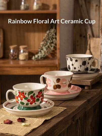 DearDali 1 Set Vintage Medievale Tazza e Piattino Dipinti a Mano, Tazza da Caffè e Piattino in Ceramica di Lusso, Tazza da Tè Pomeridiana di Alta Qualità, Tazza da Caffè, Tazza da Latte, Tazza da Caffè Singola, Tazza Artistica, Tazza da Latte per Colazione, Adatta per Riunioni Familiari, Tazze Decorative, Ramadan, Regalo per Amici