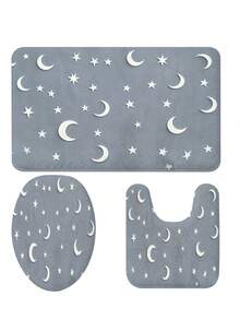 Juego de 3/5 piezas de alfombrillas de baño con tema de patchwork de medio círculo en color Morandi, patrón de estilo minimalista Wabi-Sabi, accesorio de baño suave, absorbente y resistente al desgaste, alfombra de secado rápido de franela + espuma de memoria + tela de poliéster, lavable a máquina - Azul bruma - Ver 3