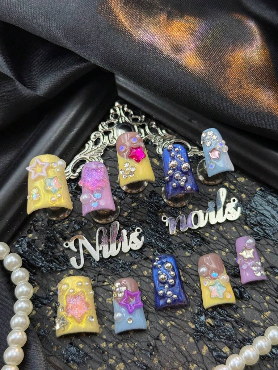 10pcs Handmade Full Coverage Short Duck Shape Press-On Nails, Yellow Nail Art, 3D Star & Rhinestone & Pearl & Bubble Decor, Y2K Sweet Girl Dreamy Style, Removable & Reusable Fake Nails, Suitable For Party, Daily Wear & Cosplay, With Jelly Glue And Nail File