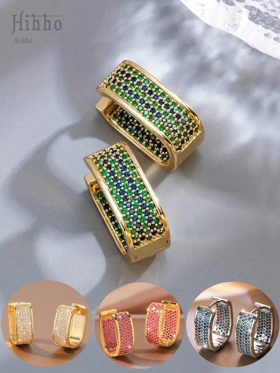 Hihho 1 对优雅金色闪亮蓝色和绿色方晶锆石装饰耳环，情侣首饰，节日/情人节礼物 - 金色 - 查看 1