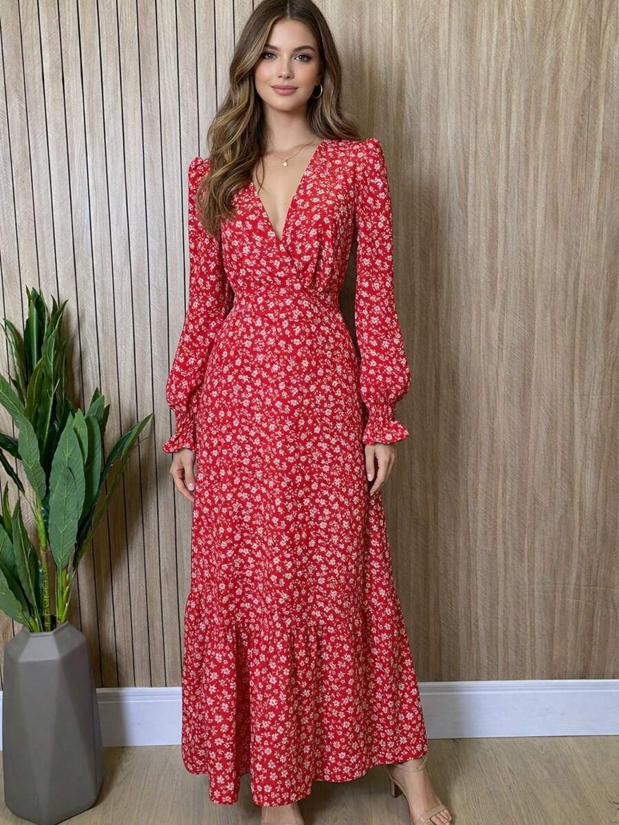 Women's Printed Long-Sleeved Crepe Dress - Red - View 1