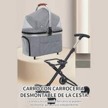 Carreola para Mascotas Plegable y Ligera - Cochecito Portátil con Transportín Desmontable para Perros y Gatos Ideal para Viajes Caminatas y Compras hasta 15 kg de Capacidad - Gris - Ver 3