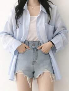 YCYC 休閒百搭極簡純色落肩寬鬆女款襯衫 - 淺藍色 - 查看 3