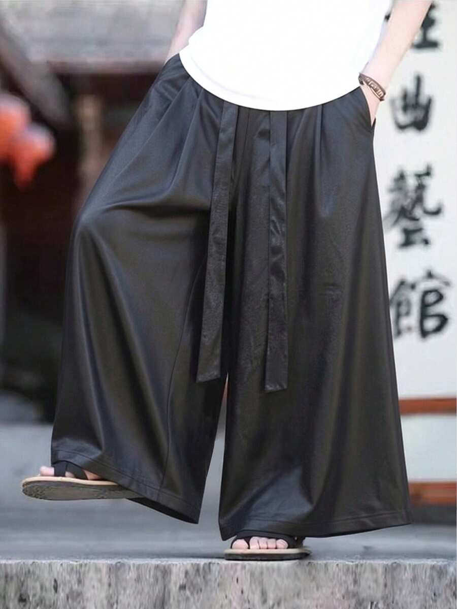 Quần dài ống rộng bằng vải satin mềm mại, mịn màng dành cho nam, thoải mái, thoáng khí, nhẹ nhàng, thích hợp cho tập yoga, quần đi biển, quần kiểu Trung Quốc (Hanfu), thích hợp cho mùa xuân và hè. - màu đen - Xem 1
