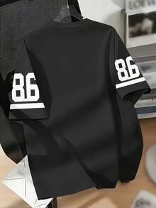 Camiseta gráfica para hombre con el número 86 y un patrón de letras "Los Ángeles" manuscritas, suelta y cómoda, adecuada para actividades casuales, deportivas y de campus, hecha de tela de poliéster, de secado rápido y fácil de lavar - Negro - Ver 3