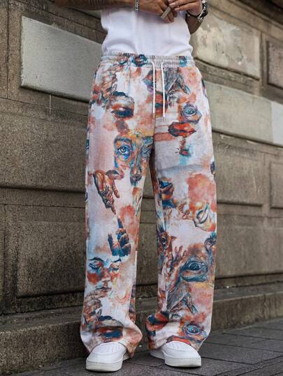 Men's Random All-Over Graphic Print Streetwear Vintage Hip Hop Sweatpants,Casual Daily Wear Loose Straight Leg Pants, Drawstring Sweatpants For Men