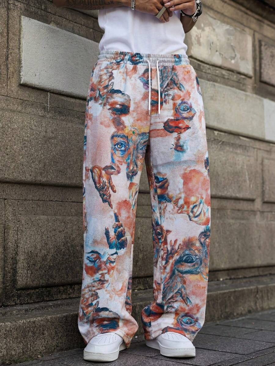 MAISONFOX Men's Random All-Over Graphic Print Streetwear Vintage Hip Hop Sweatpants,Casual Daily Wear Loose Straight Leg Pants, Drawstring Sweatpants For Men - Brown - View 1