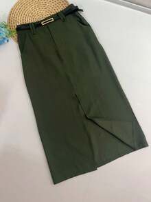 Midi Skirt With Belt High Waist Slit - Army Green - View 1
