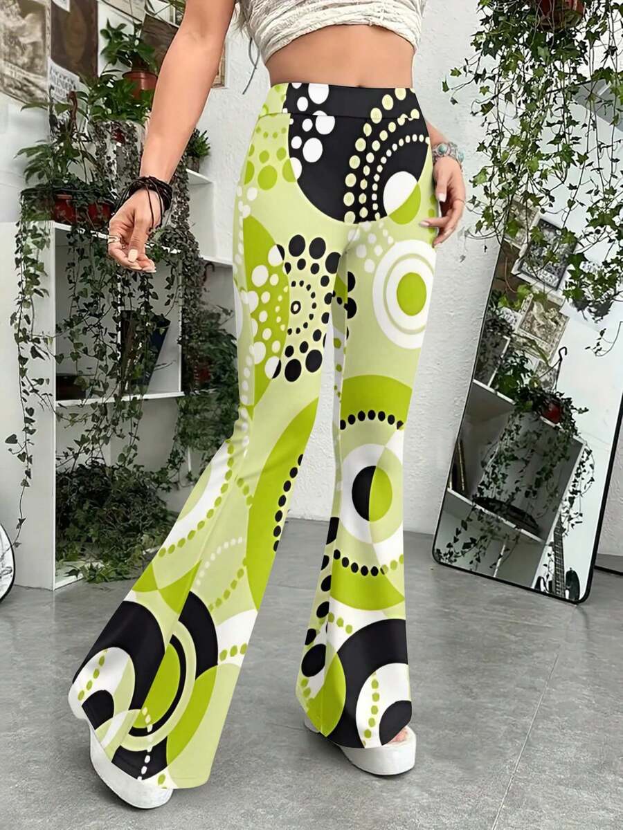 Women's High Waist Flare Pants, Green Black Color Block Geometric Circle Print, Knit Fabric, Machine Washable, Casual Vacation Wear, Versatile For Sports & Daily Outfit - 彩色 - 查看 1