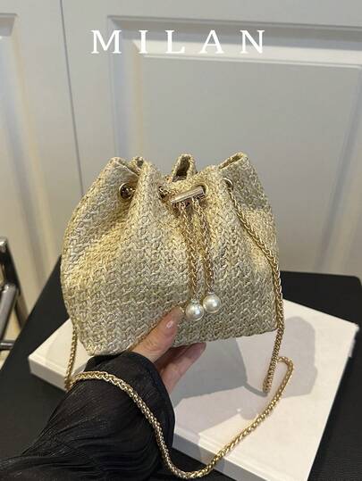 Bolso de paja, bolso cruzado de hombro con cadena de verano, bolso cubo con decoración de rhinestone para mujeres, nueva llegada 2026