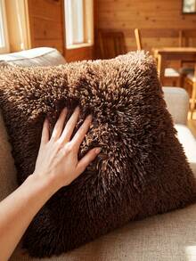 1/2/4pcs Solid Color Plush Pillow Cover (Pillow Insert Not Included), Minimalist Double-Sided Fluffy Square Cushion Cover, Soft Comfortable Home Decor Throw Pillow Case, Suitable For Bedroom, Living Room, Sofa, Chair, Zipper Closure - Coffee Brown - View 7