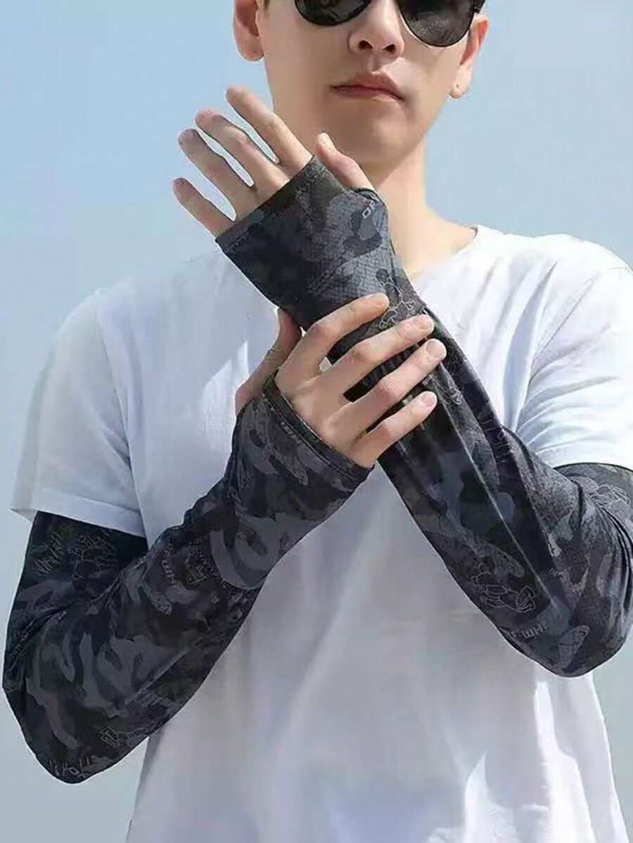 1對中性UV防曬袖套，迷彩寬鬆時尚大尺寸，適合夏季開車防曬、戶外騎行、園藝工作，冰絲涼感手臂防護