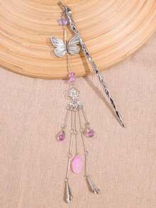 1pc Elegant Retro Chinese Style Purple Hollow Flower Butterfly Metal Hair Clip, New Chinese Hanfu/Cheongsam Hair Accessory, Headpiece, Bun Extension, Hair Styling Pins - 銀色 - 查看 7