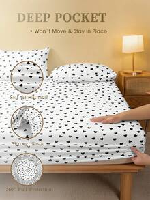 1pc Fashion Black & White Heart Pattern Fitted Sheet, Modern Stylish Mattress Protector, Soft & Breathable, -Twin, Full, Queen, King, Deep Pocket Design Up To 11.8 Inches, Machine Washable. Back To School, Dorm Essentials - White - View 5