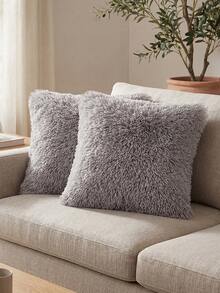 1/2/4pcs Solid Color Plush Pillow Cover (Pillow Insert Not Included), Minimalist Double-Sided Fluffy Square Cushion Cover, Soft Comfortable Home Decor Throw Pillow Case, Suitable For Bedroom, Living Room, Sofa, Chair, Zipper Closure - Light Grey - View 9