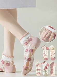 5 Pairs Floral Women's Ankle Socks, Summer, Ladies' Boat Socks, Glass Silk, Stockings, Transparent Socks, Ultra-Thin, Breathable, Bare Feeling Ice Silk, Suitable For Loafers And Leather Shoes - Pink - View 7