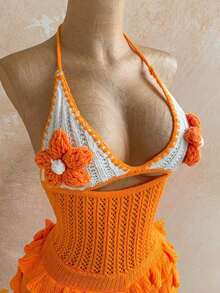 Women's Vacation Casual Vibrant Orange Floral Decor Ruffle Hem Jumpsuit, Suitable For Beach, Cruise, City Holiday, Vacation, Music Festival, Bohemian, Beach, Summer, Music Festival Outfit, Versatile For All Seasons, Daily Commute Orange Vacation Outfit Crochet Outfits For Women Orange Outfit Women,Island Vacation Outfit,Music Festival Outfit,Cruise Vacation Outfit,Casual Vacation - 橘色 - 查看 3