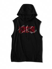 Débardeur de sport à capuche à cordon pour hommes, Gilet de fitness, Short de basketball, sweat-shirt à capuche style Y2K avec graphique - Noir - Voir 2