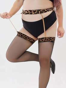 1 par de medias altas de mujer talla grande con estampado de leopardo, medias suspensoras extra delgadas y sexys - Multicolor - Ver 6