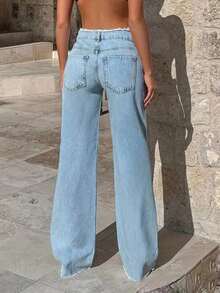 Women's Casual Loose Fit Frayed Waist Wide Leg Jeans, Fashionable & Slimming, Suitable For Spring & Autumn - Màu xanh lam rực rỡ - Xem 8