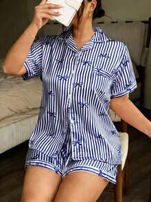 Conjunto de pijama de pantalón corto y manga corta con estampado de rayas y lazo para mujer de talla grande - Morado - Ver 5