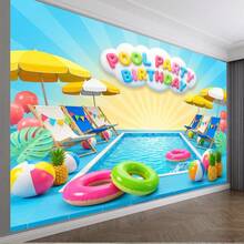 Cartoon Pool Party Birthday Backdrop Colorful Floats Beach Chairs Umbrellas Decor Polyester Photography Background - Multicolor - View 7