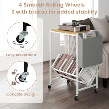 GOFLAME Rolling Record Player Stand With Side Storage Pouch, Lockable Wheels, Turntable Shelf With Vinyl & Magazine Holder, Mobile Side Table, Natural & White - Khaki - View 6