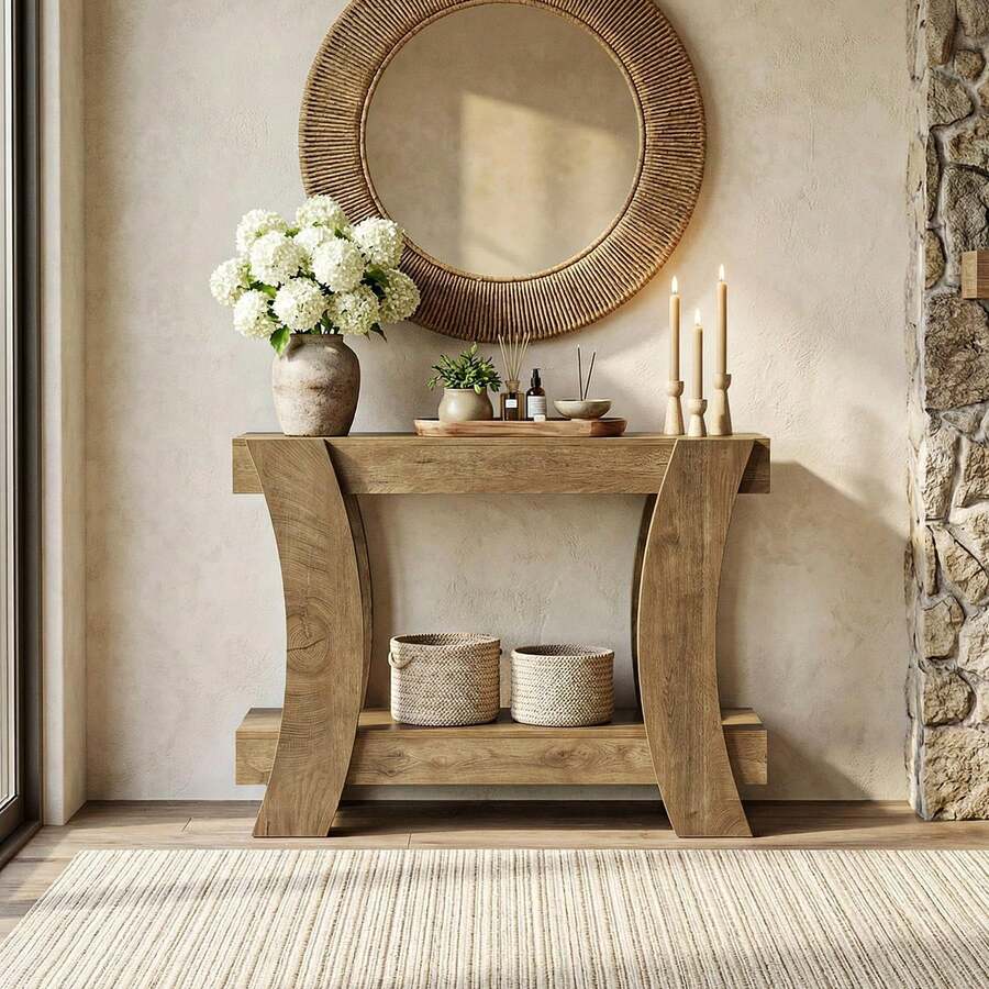 LITTLE TREE Mesa consola para recibidor, mesa de centro para pasillo, sala de estar, detrás del sofá, área de entrada, vestíbulo con 2 estantes estrechos, marrón rústico - Marrón claro - Ver 1