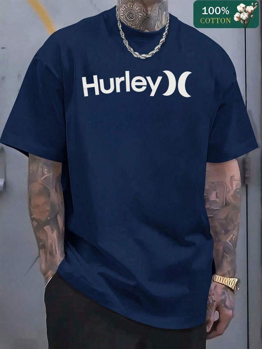 Ropa De HombreMen's Hurley Graphic T-Shirt - Navy Blue With White Logo Print, Vintage-Inspired Cotton Tee For Summer Casual Wear, All-Day Comfort & Fade-Resit Ink, Everyday Ential For Beach Or Street StyleLoose And Comfortablegraphic Tees Manfinity Hombre - Màu xanh hải quân - Xem 1