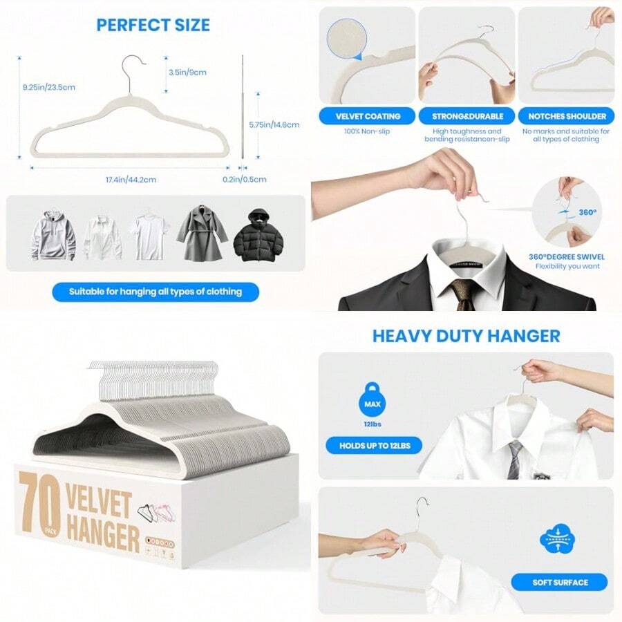 YSSOA - Juego de 70 Perchas de Terciopelo Antideslizantes con Muescas en los Hombros Ganchos giratorios de 360° Colgador estándar Resistente para Ahorrar Espacio en el clóset Color - Blanco - Ver 1