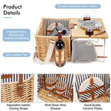 Cesta de picnic de mimbre para 2 personas kit de picnic para 2 personas juego de regalo de servicio de cesta de sauce con manta mesa portátil de bambú para aperitivos para acampar y fiestas al aire libre - blanco rojo A cuadros rojos y blancos - Ver 5