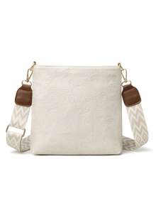 Fashionable Plaid Contrast Color Multi-Pocket Coin & Phone Pouch, Bohemian Adjustable Wide Strap Crossbody Or Shoulder Bag, PU Embossed Design Versatile - White - View 8