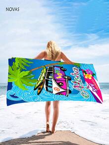 1pc Hawaiian Surf Van Print Beach Towel, Retro Hippie Style Bus With Palm Trees And Waves Design, Large Size Beach Towel, Quick Dry Anti-Sand Absorbent, Suitable For Beach, Swimming Pool, Cruise, Camping, Travel, Bachelor/Bachelorette Party, Picnic, Etc. - A - View 7