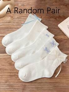 1/5 Pairs White Cute Japanese Style Lace Bow Decor Thin Knee High Socks, Ballerina Look For Summer - White - View 8