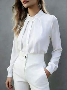 Women's Elegant White Polyester Shirt, Long Regular Sleeve, Shirt Collar Button Detail, Suitable For Office Wear, Non-Stretch Fabric Spring - White - View 3