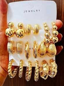 3-9 Pairs Easter Luxury Gold-Plated Earring Set, Wrinkled Metal Twisted Hoop Earrings, Suitable For Daily Wear, Dates, Parties, No Fading, No Allergy - Gold - View 7
