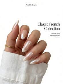 24pcs/Set Nailsbase Solid Color French Pearl Gloss Nail Stickers, Suitable For Spring/Summer, Includes 1pc Jelly Gel And 1pc Nail File, Shiny Manicure Set, Suitable For Party And Mother's Day Gift - Multicolor - View 4