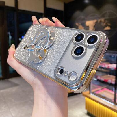 Soporte plegable para teléfono con forma de corazón, funda de teléfono con brillo degradado chapado para iPhone 17 Pro Max/Air/17 Pro/17/16E/16 Plus/16 Pro Max/16/15/15 Plus/15 Pro/15/15 Pro Max/14/13/12/11/X/XR/X Max/8P/7P/8/7