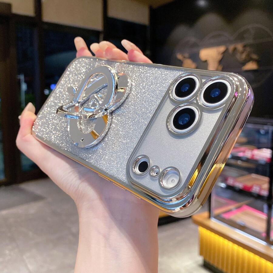 心形折叠手机支架，电镀渐变闪粉手机壳，兼容 17 Pro Max/Air/17 Pro/17/16E/16 Plus/16 Pro Max/16/15/15 Plus/15 Pro/15/15 Pro Max/14/13/12/11/X/XR/X Max/8P/7P/8/7 - 銀色 - 查看 1