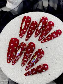 Retro Red Diamond Dance Ball Long Wear Gel Manicure With AB Diamond Handcrafted Detachable Nail Stickers - Red - View 2