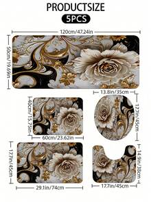 1/3/5PCS Luxury Golden Floral Marble Bathroom Rug Set, Anti-Slip & Super Absorbent Bath Mat, Toilet Seat Cover + Contour Rug Combo, Elegant White Rose Bathroom Decor, Machine Washable Floor Carpet,Suitable For Bathroom Decor,Bathroom Accessories, Living Room, Bedroom, Kitchen, And Room Decor,Summer - A - View 3